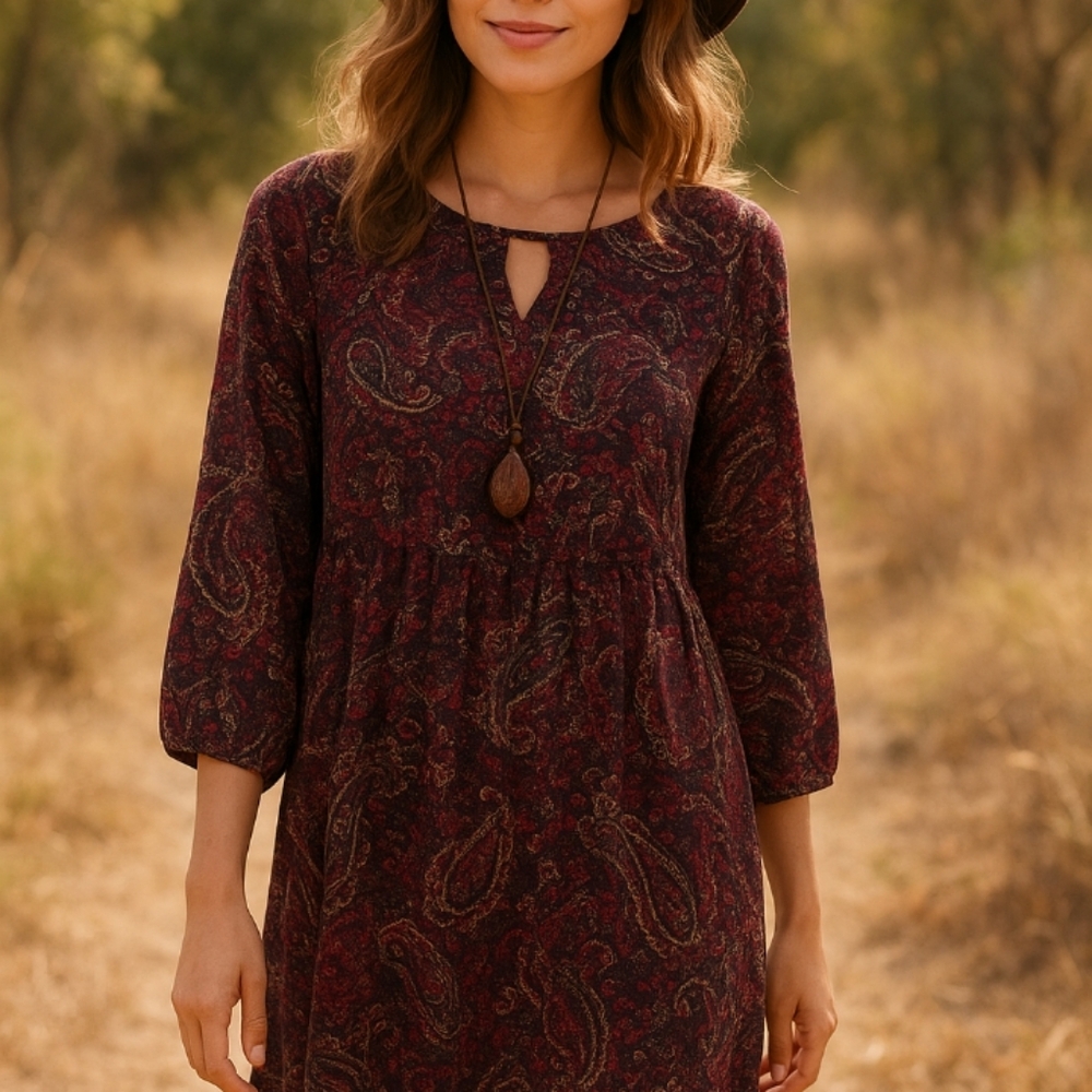 Boho Paisley Keyhole Neck 3/4 Sleeve Tunic Dress Burgundy Multicolor Size S/P/CH